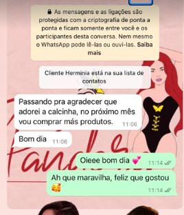 Conversa no WhatsApp: cliente agradece, adorou a calcinha e vai comprar mais no próximo mês