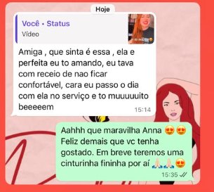 Conversa no WhatsApp: cliente diz que a cinta é perfeita e confortável para passar o dia no serviço