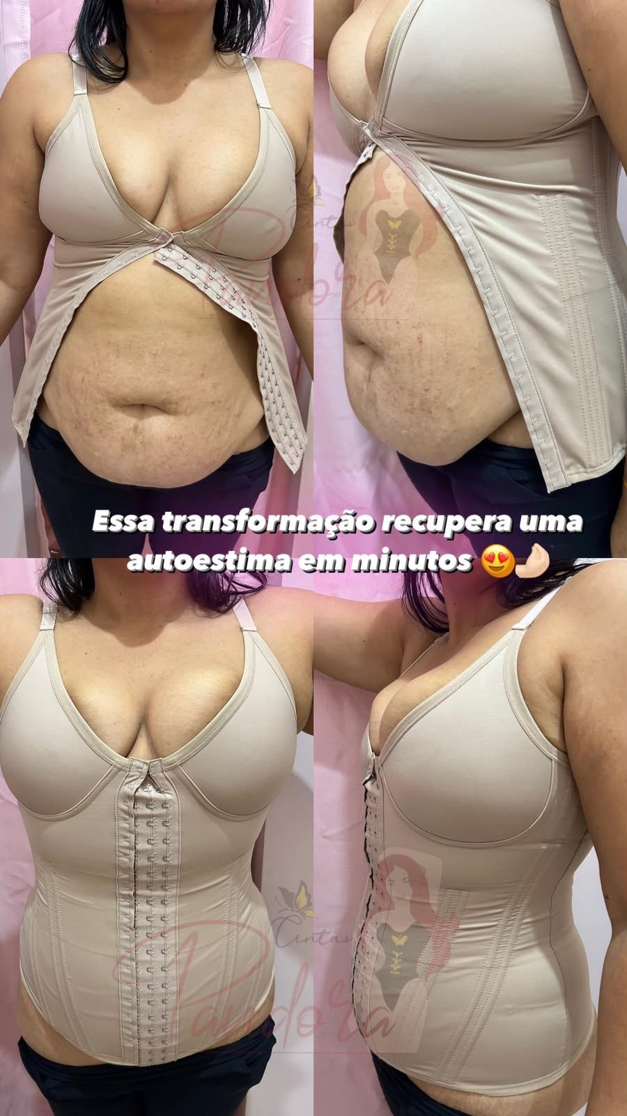 Cliente antes e depois de fechar a camisete nude, de frente e de lado